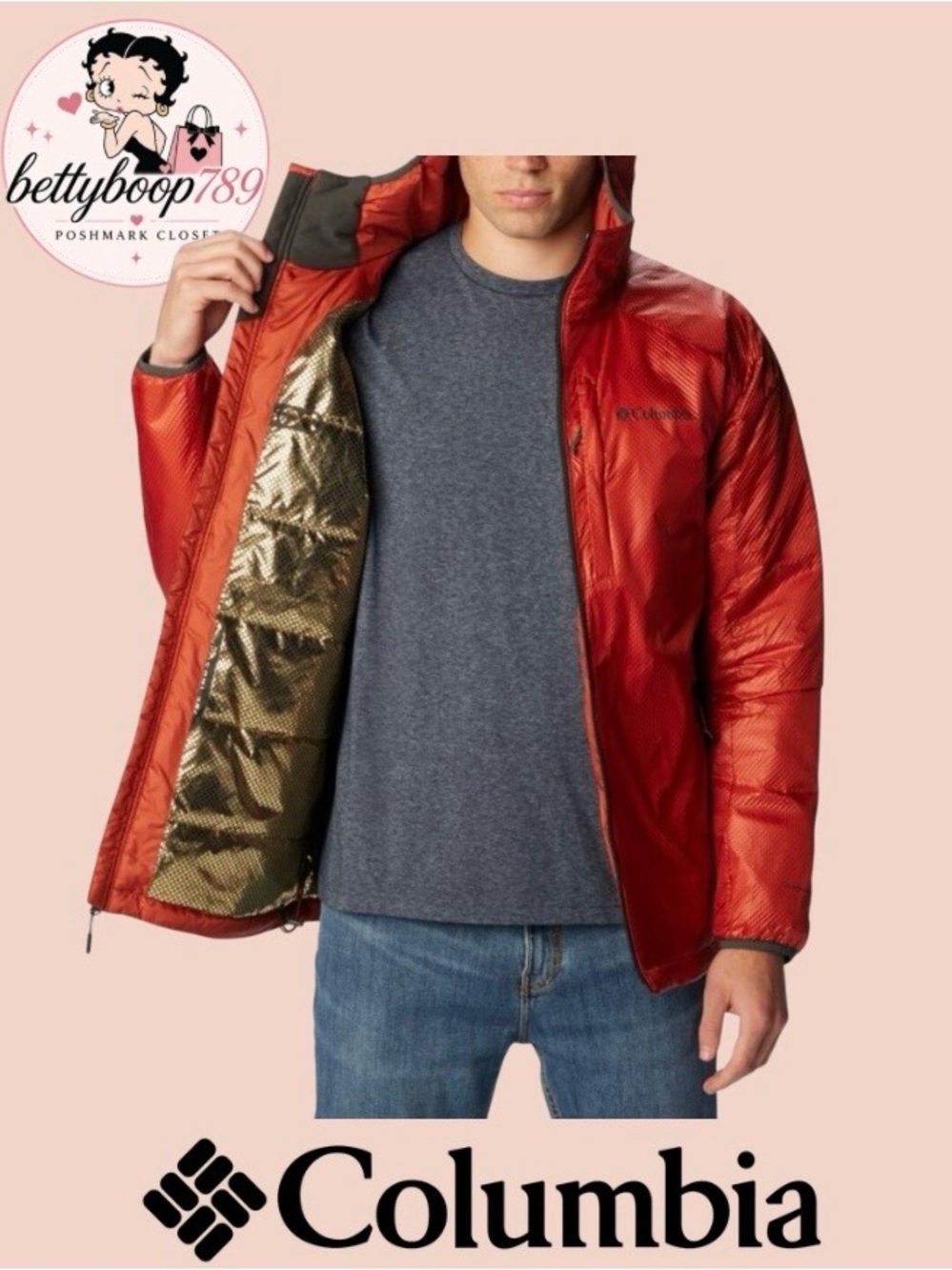 CLEARANCE! NEW Columbia Men's Red Hooded Puffer Jacket with Gold Lining